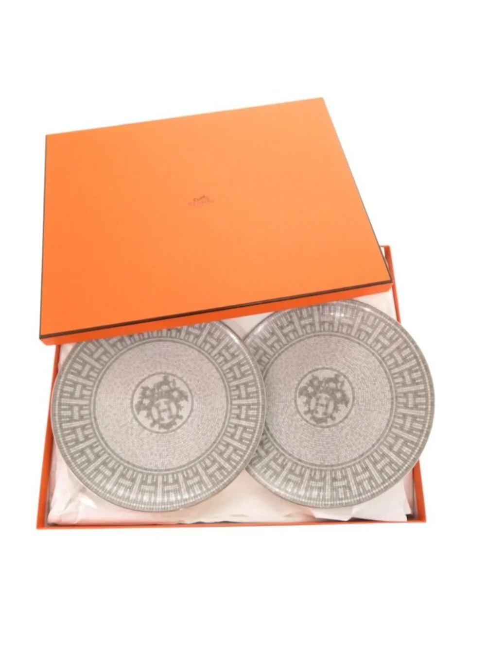 Hermes Mosaic 24 Platinum Ceramic Gray Leather Dessert Plate